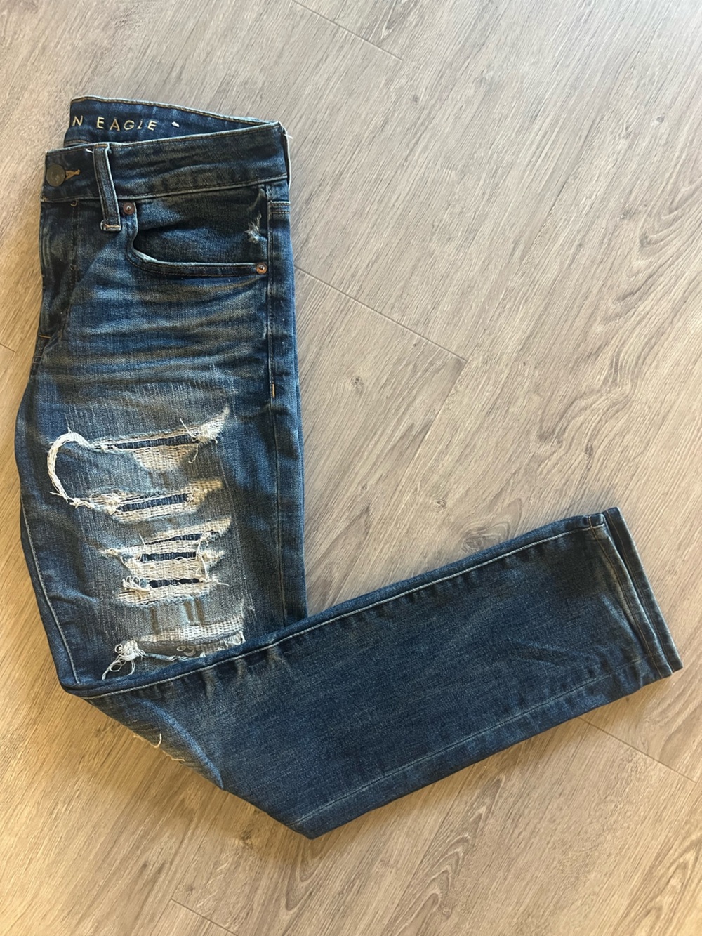American Eagle Outfitters Men's Distressed Dark Indigo Slim Straight Jeans